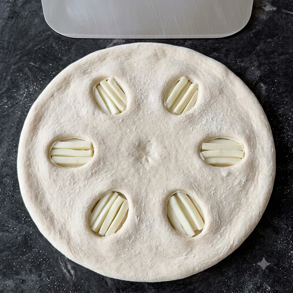 Złożona surowa pizza dwuwarstwowa leżąca na ciemnej powierzchni z tartym serem widocznym przez okrągłe wycięcia, a metalowa łopatka do pizzy znajduje się tuż nad nią.
