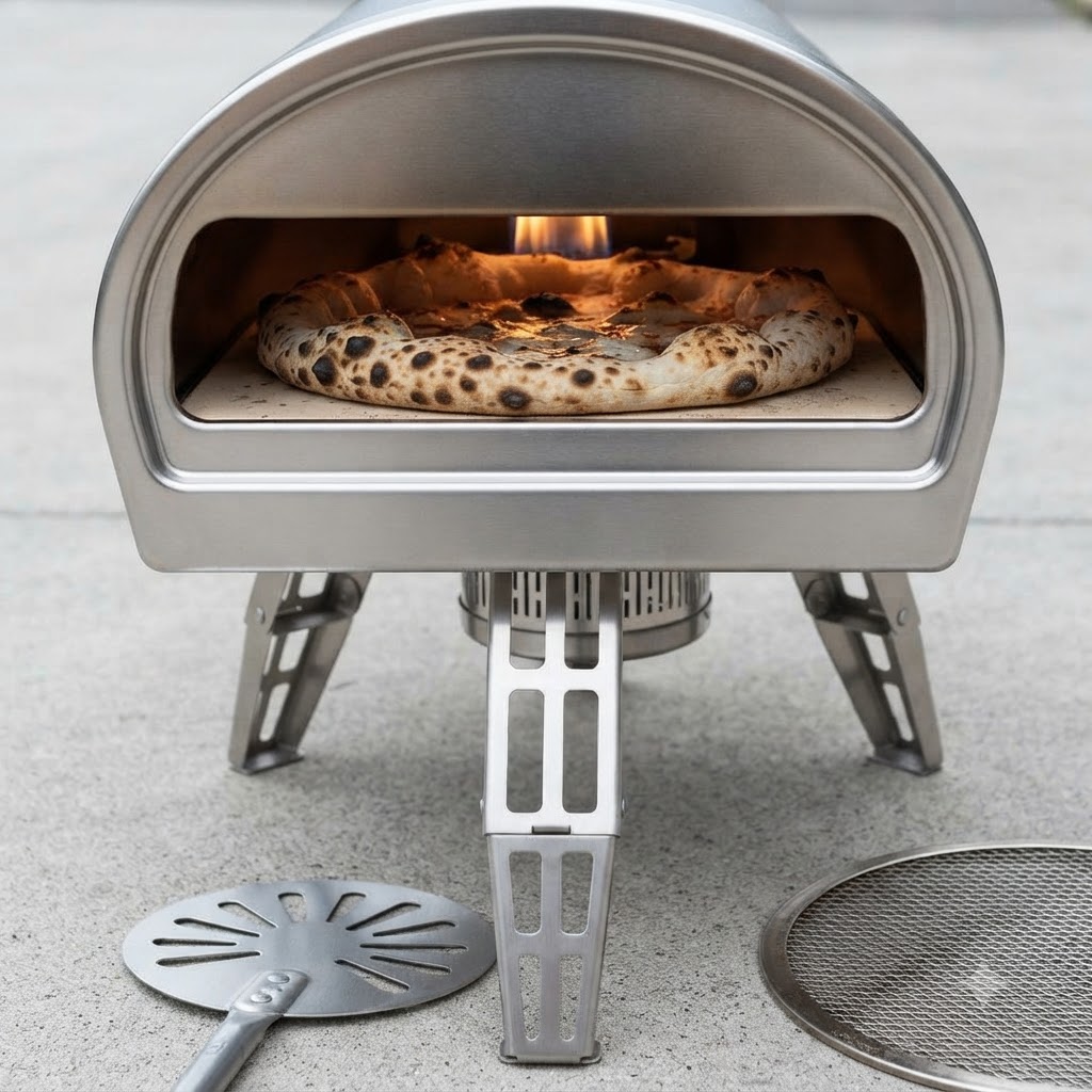 Częściowo upieczona pizza z napuchniętym, przypieczonym brzegiem spoczywająca wewnątrz gorącego metalowego pieca do pizzy, z łopatką i siatką do pizzy leżącymi w pobliżu na ziemi.