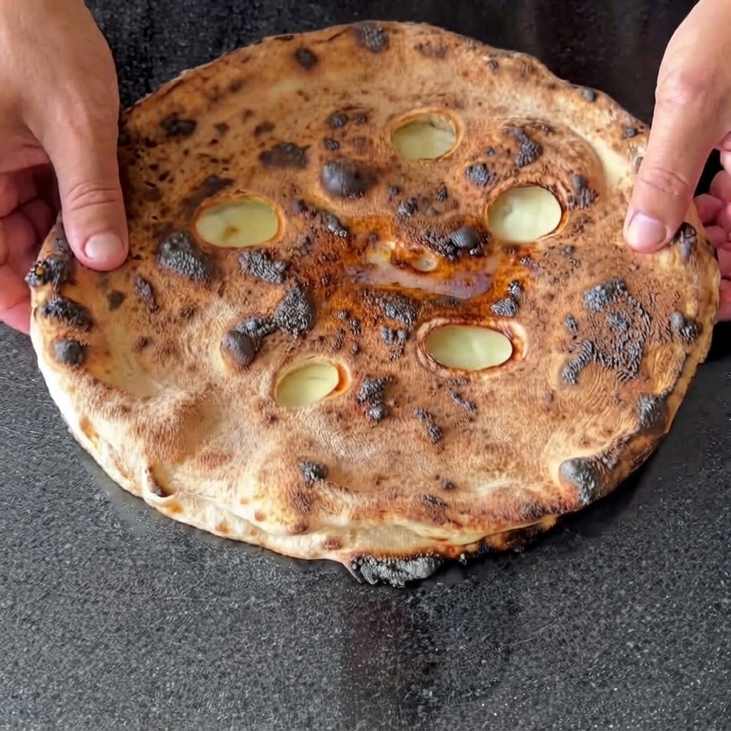 Para rąk trzymająca brzegi w pełni upieczonego, złotobrązowego spodu do pizzy, który został upieczony z kieszeniami serowymi widocznymi przez górną warstwę.
