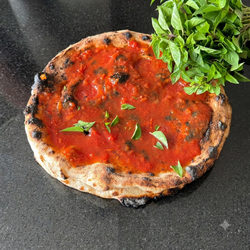 Upieczony spód do pizzy polany sosem pomidorowym i świeżymi liśćmi bazylii, leżący obok pęku świeżej bazylii.