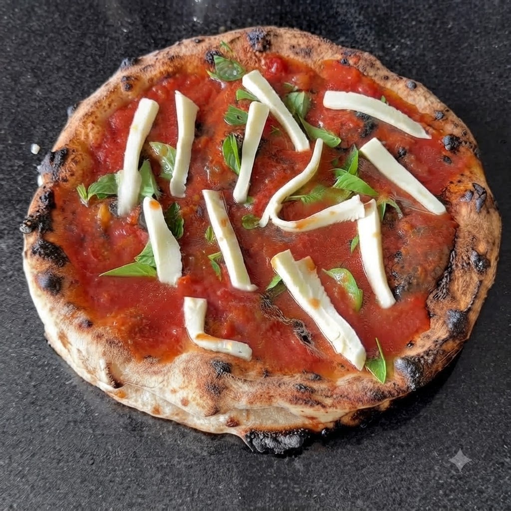 Paski świeżego białego sera mozzarella ułożone na pizzy polanej sosem pomidorowym i bazylią.