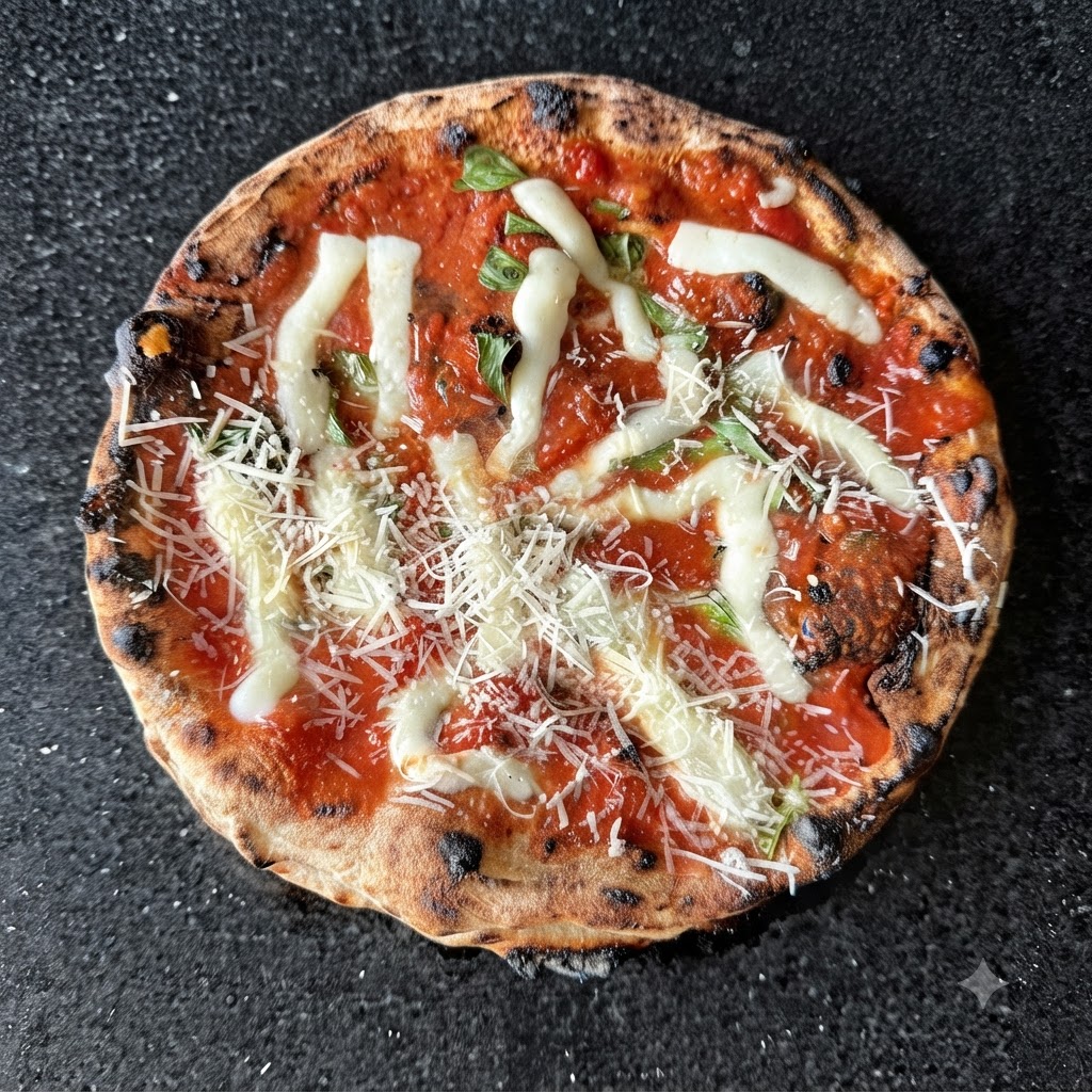 Świeżo starty ser parmezan posypany na pizzy polanej sosem pomidorowym, bazylią i mozzarellą.