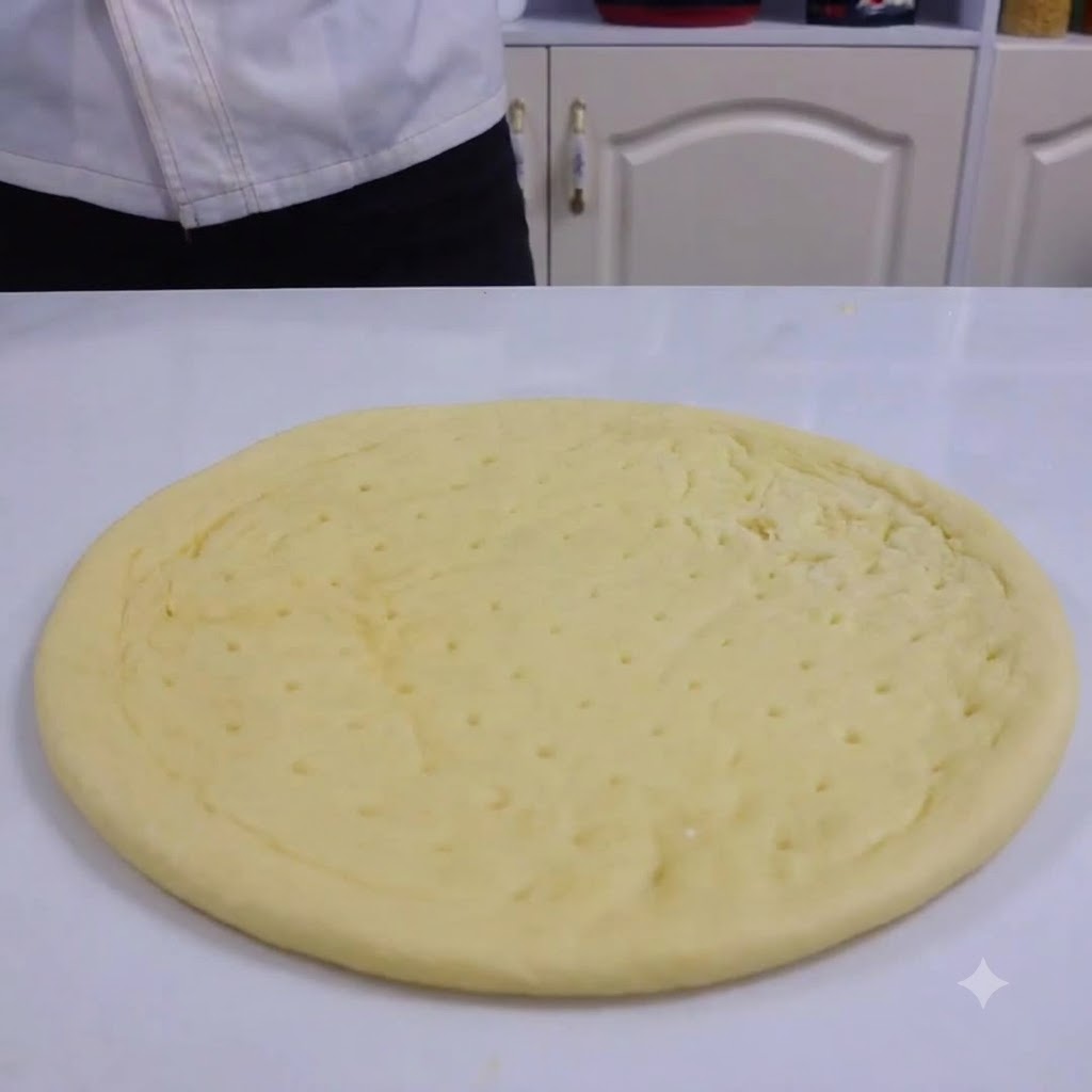 Strumień miodu wlewany na środek płaskiego, okrągłego spodu do pizzy na białym stole.