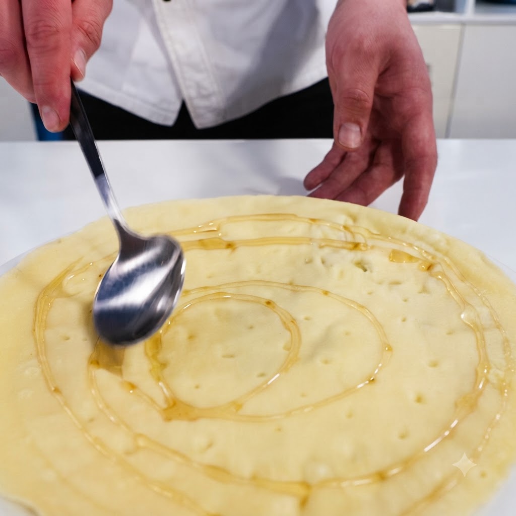 Zbliżenie metalowej łyżki wygładzającej spiralne linie miodu na surowym spodzie do pizzy.