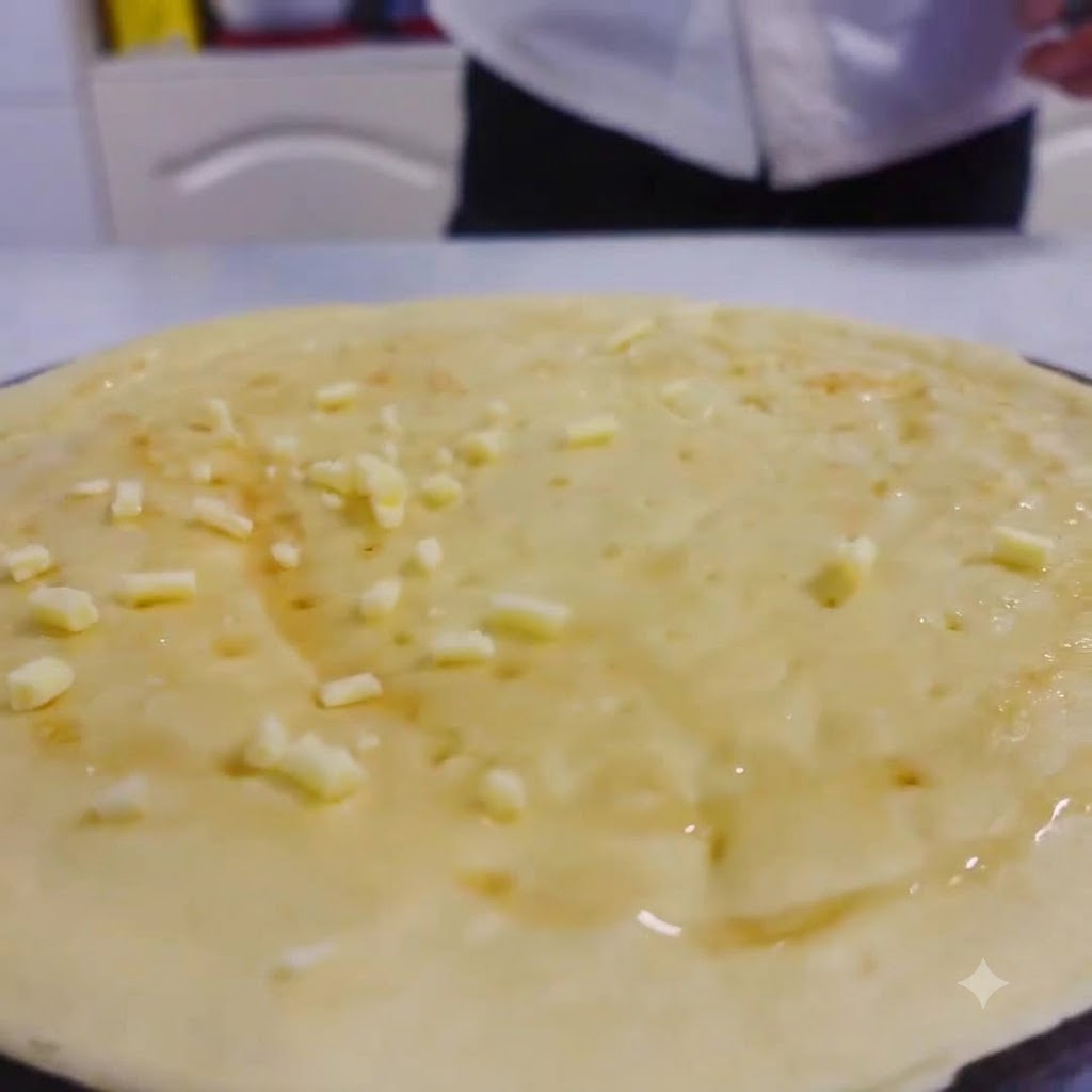 Starty ser rozrzucony równomiernie po powierzchni ciasta do pizzy pokrytej miodem.