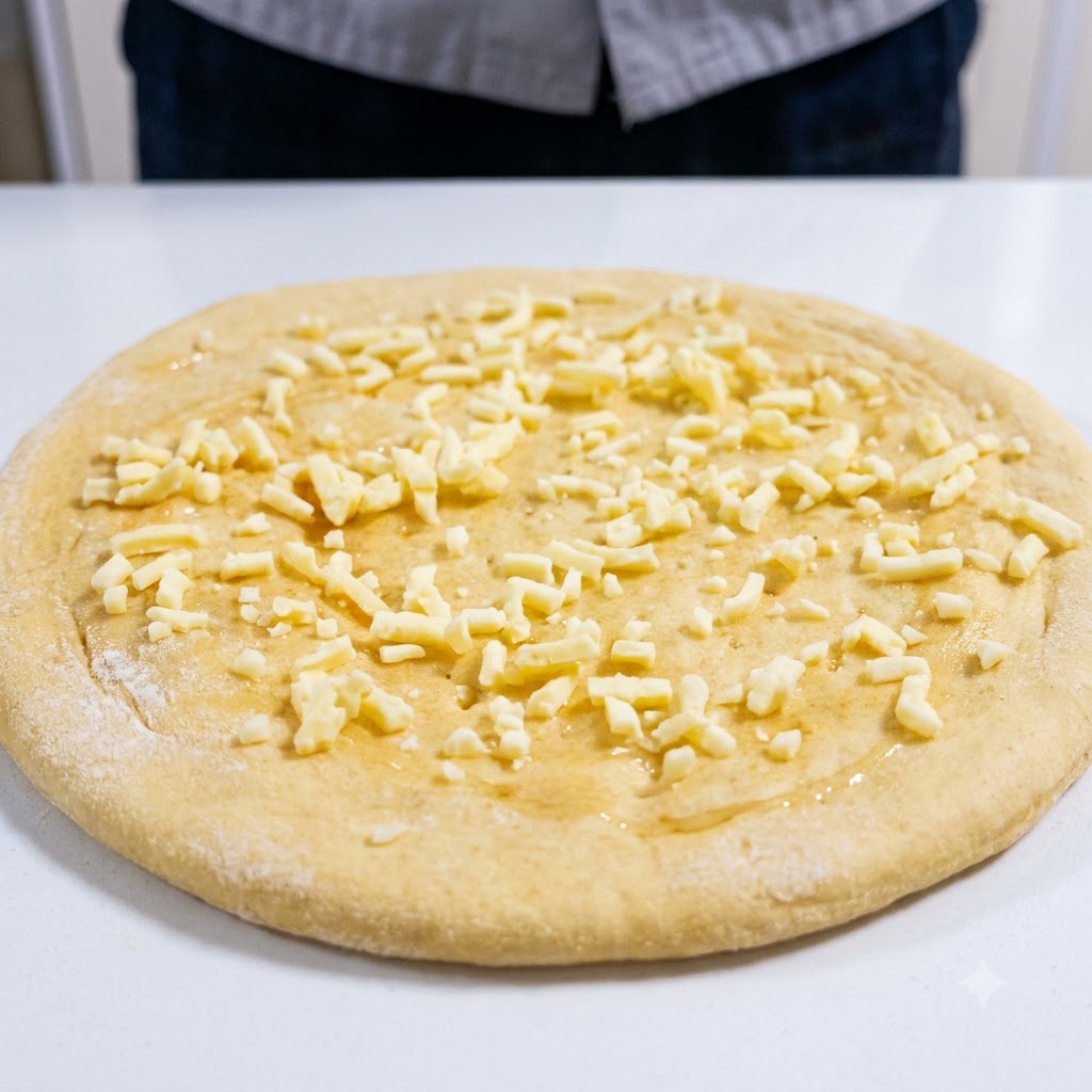 Mieszanka suszonych owoców i orzechów posypana równomiernie na spodzie pizzy pokrytym serem.