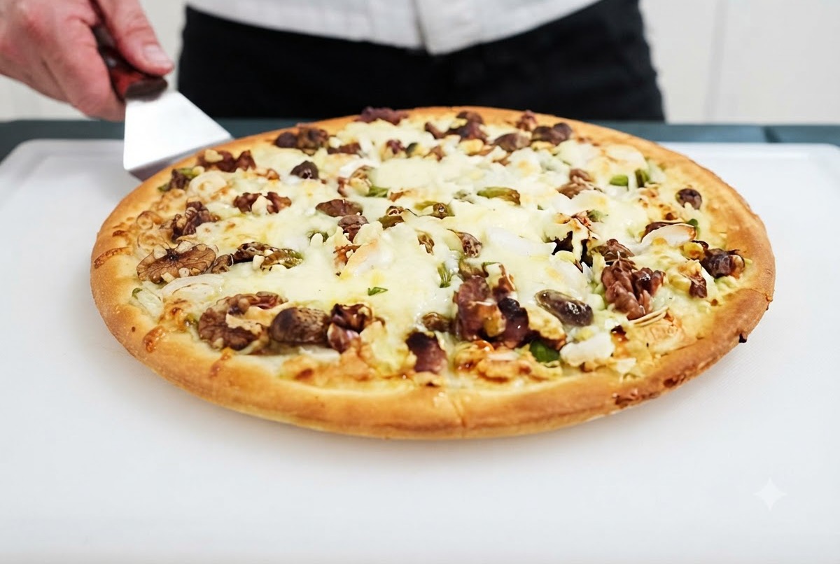 Świeżo upieczona słodka pizza z roztopionym serem i prażonymi orzechami spoczywająca na białej desce do krojenia.