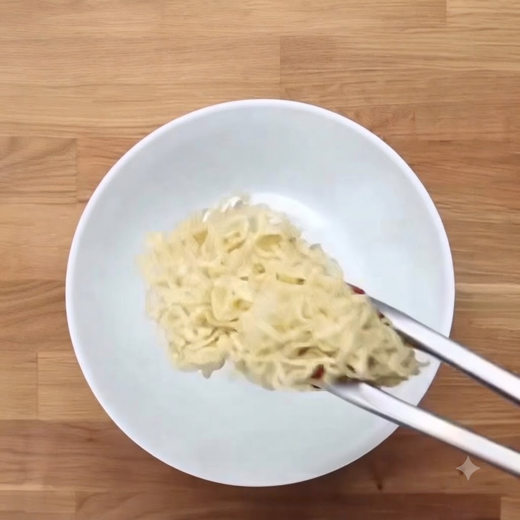Szczypce umieszczające porcję ugotowanego makaronu ramen na środku białej ceramicznej miski.