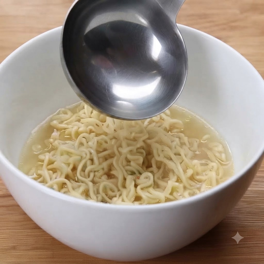 Chochla wlewająca gorący bulion z kurczaka bezpośrednio do białej miski wypełnionej falowanym makaronem ramen.