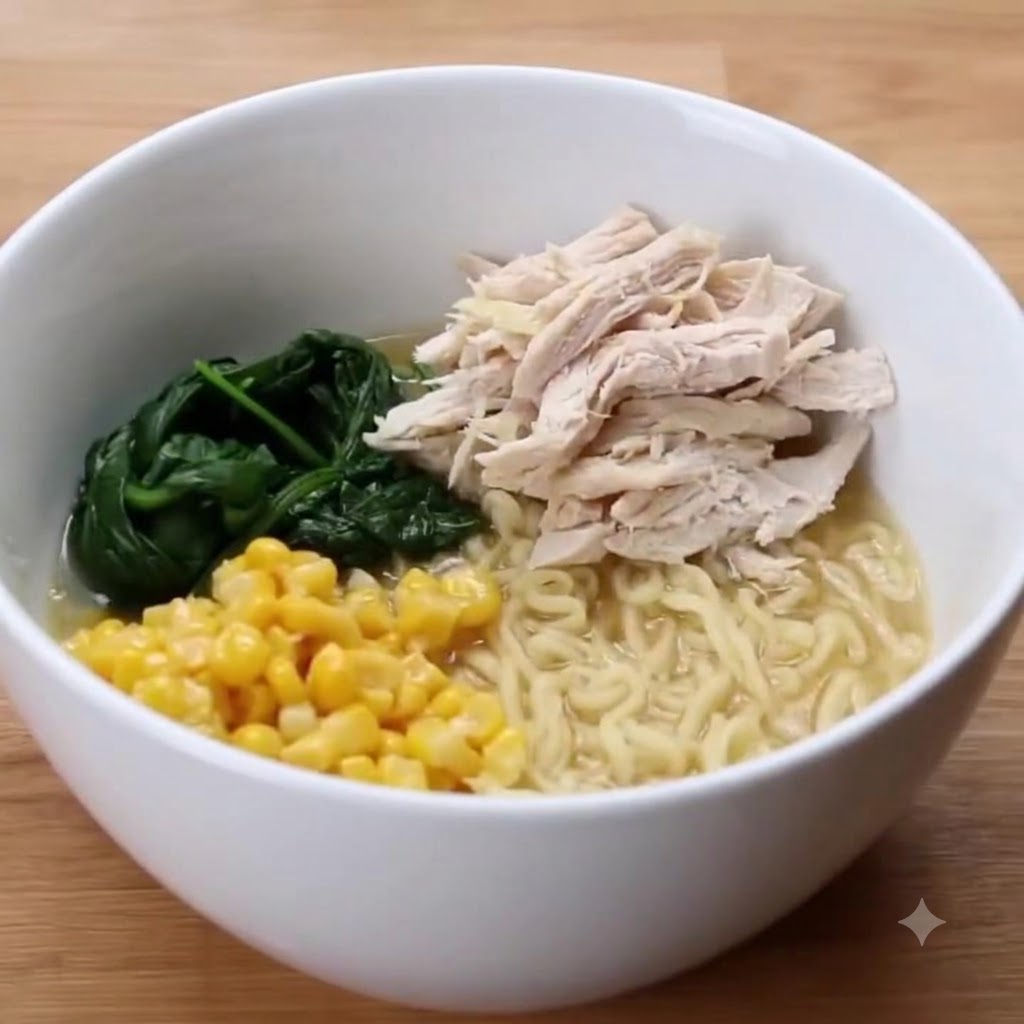 Kopiec szarpanego kurczaka spoczywający na wierzchu makaronu ramen, kukurydzy i szpinaku w misce.