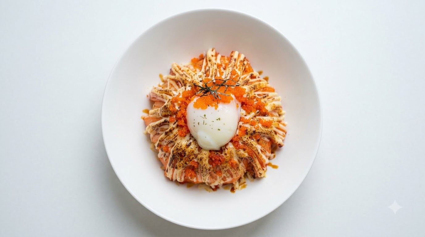 Gotowy bowl z opalanymi paluszkami krabowymi, zwieńczony jajkiem onsen, pomarańczową ikrą i skropiony majonezem oraz sosem unagi.